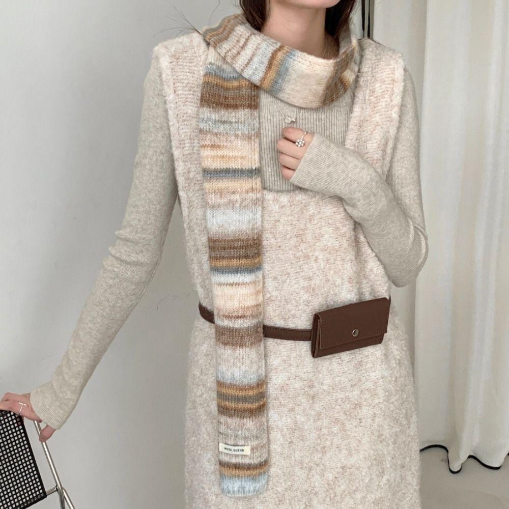 Plush Rainbow Striped Scarf Korean Style Winter Shawl Soft Cashmere Knitted Scarf Daily