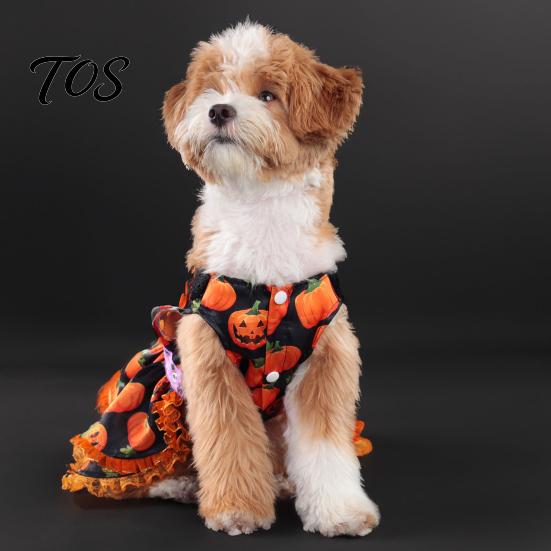Soft Dog Clothing Halloween Pumpkin Dress, Black Lace Neck Outfit, Ruffled Festive Costume Autumn Pet Party for Small Dogs Holiday Dress
