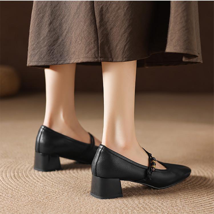 Sheepskin Square Head Coarse Heel Strap Mary Jane Shoes