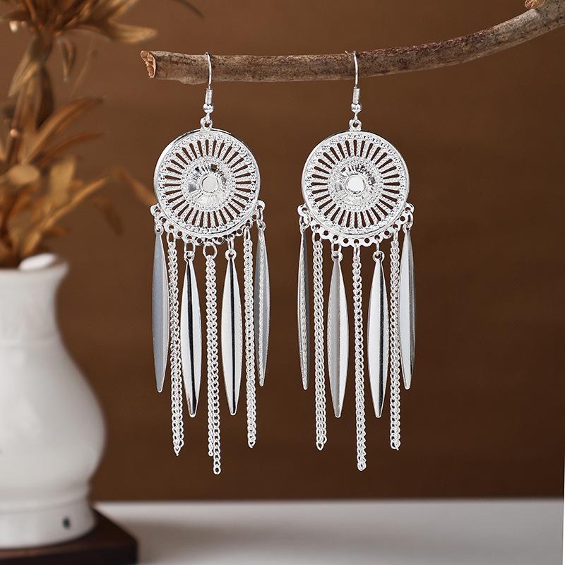 Ethnic Miao Silver Tassel Earrings - Retro Long Dangle Scenic Studs for Women