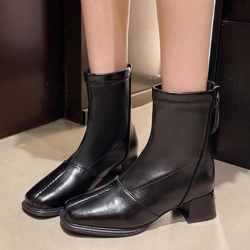 

Офисные и карьерные женские сапоги с квадратным носком, модные, высококачественные, короткие, плюшевые, 2025, горячая распродажа, обувь для женщин, сапоги на молнии, Zapatos 35 чёрный