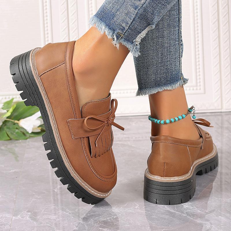 Fashion Plus Size Fashion Platform Loafers Woman Tassel Bow Decor Brown Pu Leather Shoes Women Spring Summer Thick Sole Slip On Loafers