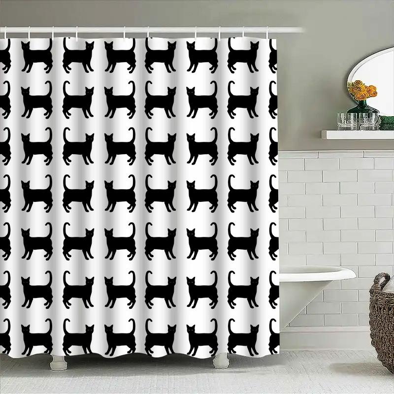 Black Cat Pattern Shower Curtain 3D Printed Polyester Bath Mat Decorative Waterproof Liner for Home Bathroom Accessories Single