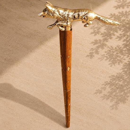 Wolf Handle Walking Cane Handmade Wooden Hiking Staff Brass Handle Gift Idea 93.98 cm