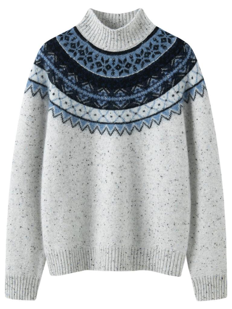 Women's Fair Isle High Neck Cashmere Pullover Sweater - Old Money Style.