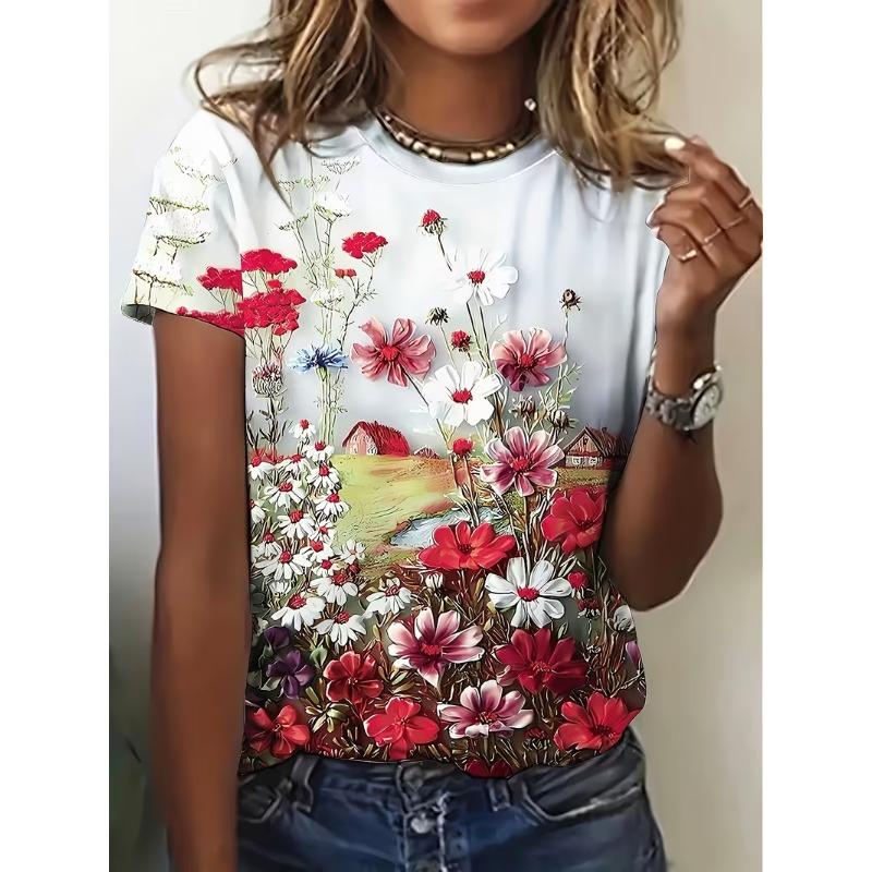 Women s 3D digital printed cute printed round neck T-shirt, casual short sleeved 2XS