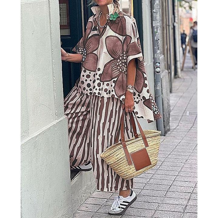 Spring And Summer Casual Ladder Lapel Trousers Short Sleeve Two-piece Set Comfortable And Fashionable Elegant Shirt Set