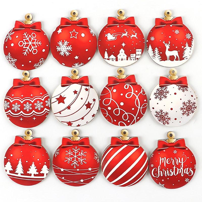 (12pcs set)7*5.7cm Christmas Ball Wooden Pendant Xmas Decoration Colored Woodblock Children's Cartoon Snowman Hanging DIY