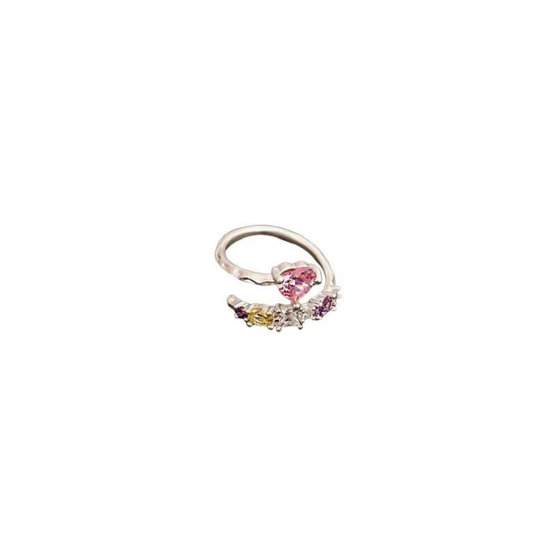 Temperament Sweet Light Luxury Pink Diamond Love Ring Female Korean Niche Versatile High-End Zircon Open Ring