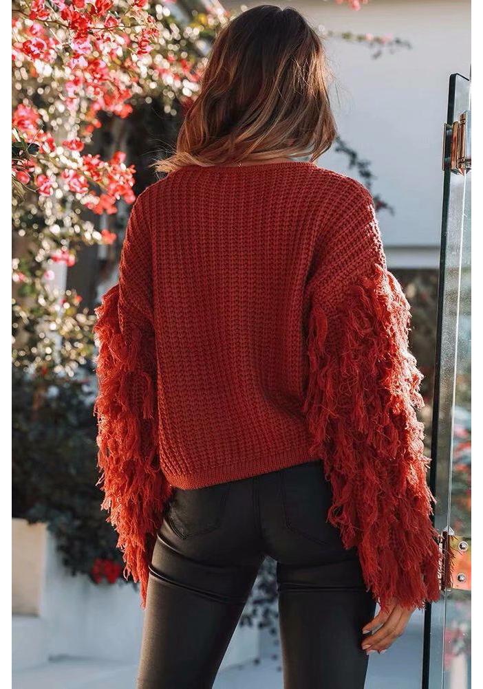 Women's Loose Knit Tassel Sweater - Long Sleeve European American Style