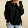 Women's Round Neck Loose Fit Knit Sweater with Side Slits - Casual Pullover Top