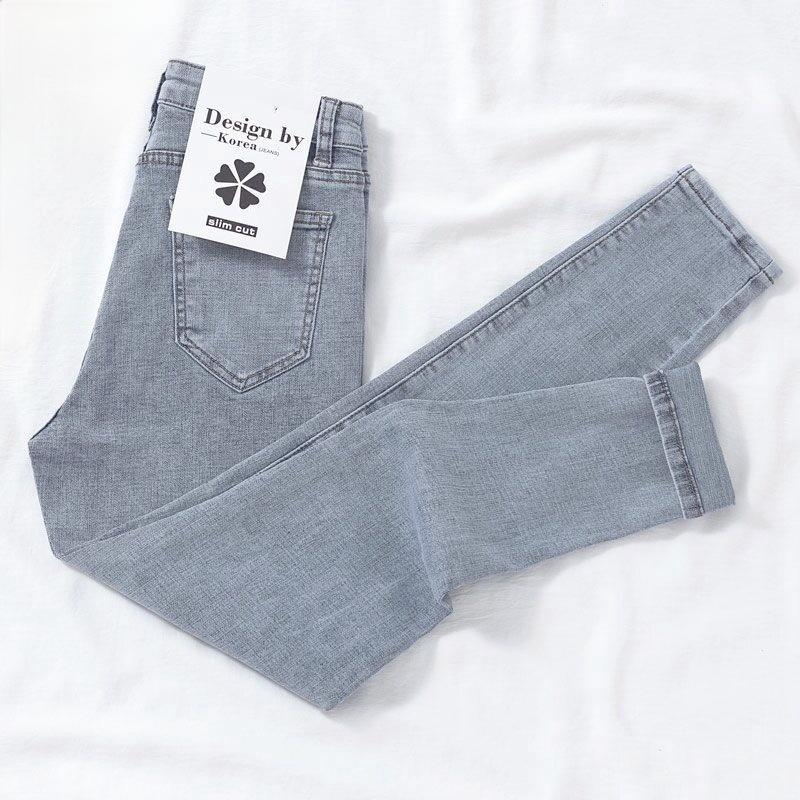 

Джинсы женские с высокой талией, тонкие весенне-осенние узкие студенческие универсальные маленькие брюки-карандаш, женские брюки 25 светло-синий