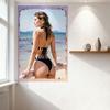Sexy Woman Wavy Light Brown Hair Black White Striped Bikini Beach Vintage Tin Sign Metal Poster Wall Decor for Bar Pub Home Cafe