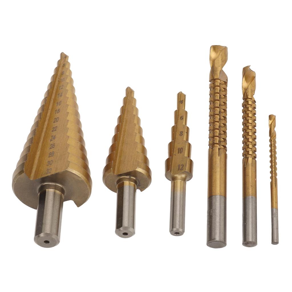 6PCS Step Drill Bit Set Steel Twist and Spiral Step Drill Bit Kit with Triangular Shank for DIY Sheet Aluminum Metal