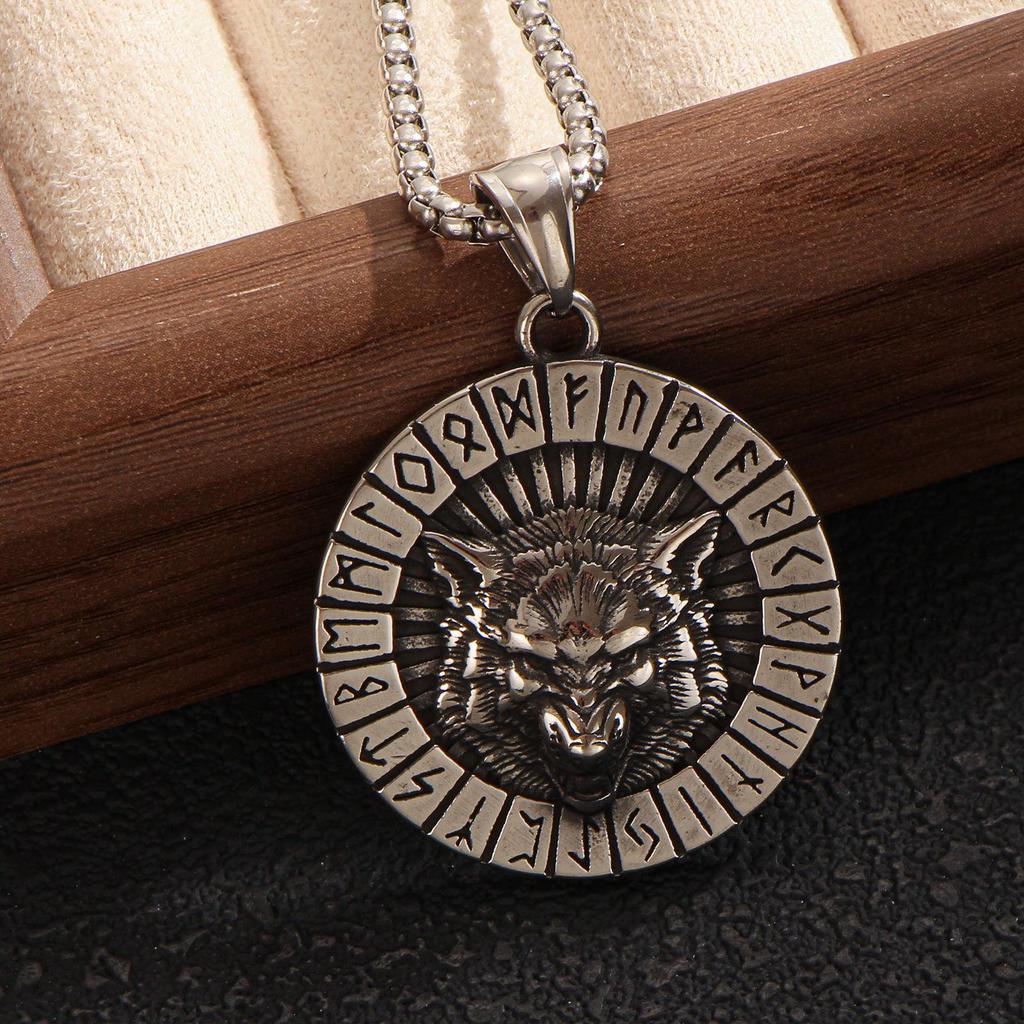 Men's Distressed Long Box Chain Necklace with Stainless Steel Wolf Head Rune Pendant