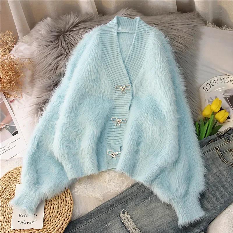 Autumn Winter Thickened New Loose V-neck Design Top Short New Mink Fluff Sweater Jacket Women's Cardigan