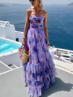 Robe sans manches à bretelles pour femme avec imprimé floral 3D et ourlet extra-large