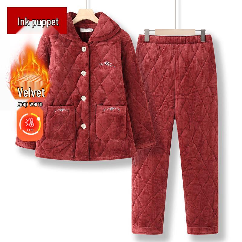 Moou Elderly Women's Warm Coral Fleece Two-Piece Winter Outfit