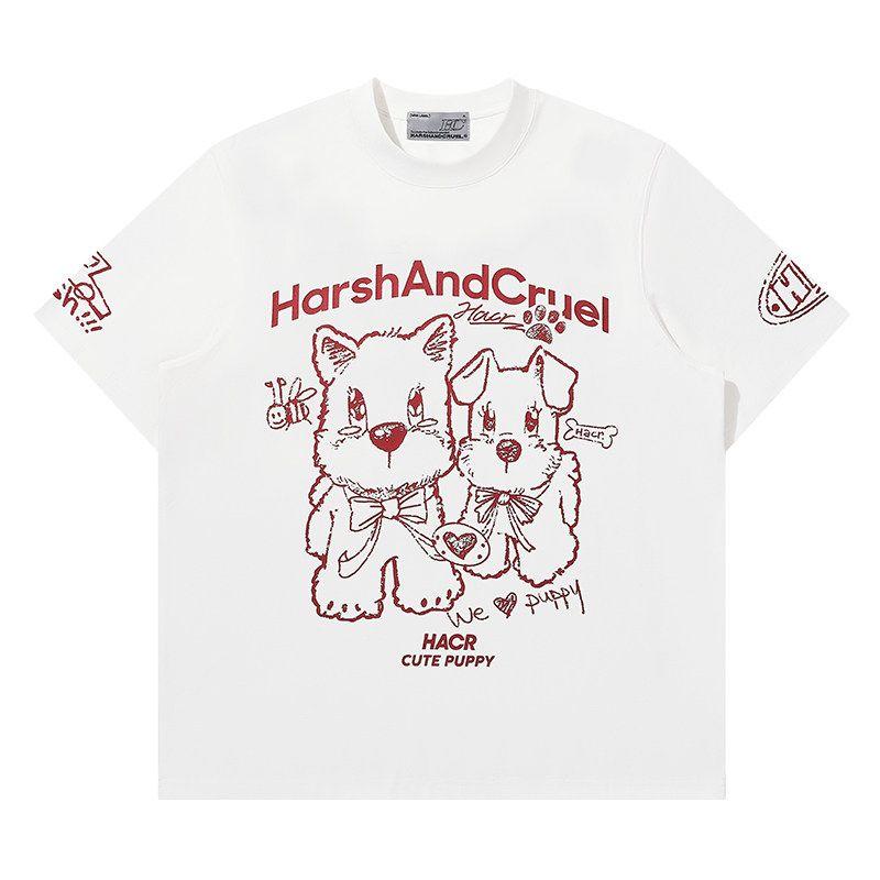 HACR | Harshandcruel Hand-Painted Puppy Children's Fun Couple Loose Chinese Fad Short-Sleeved T-shirt for Men and Women