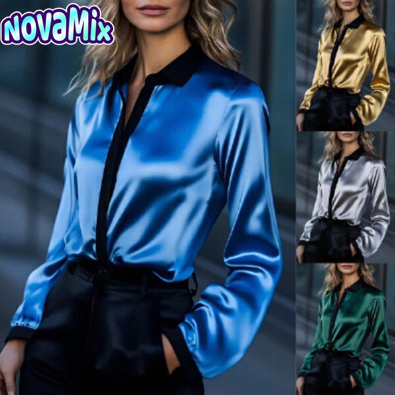 Novamix Women's Fashion Spring Autumn POLO Neck Long Sleeve Casual Blouses & Shirts
