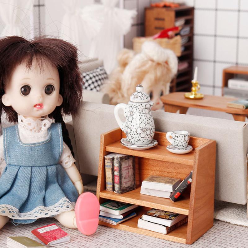 1Pcs 1: 12 Dollhouse Mini Cherry Wood Display Shelf Cabinet Miniature Storage Rack Doll House Furniture Model Toys