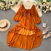 Chic Gentle Wind Dress Autumn Women's French Vintage Square Neck Magenta Bubble Sleeve Dress