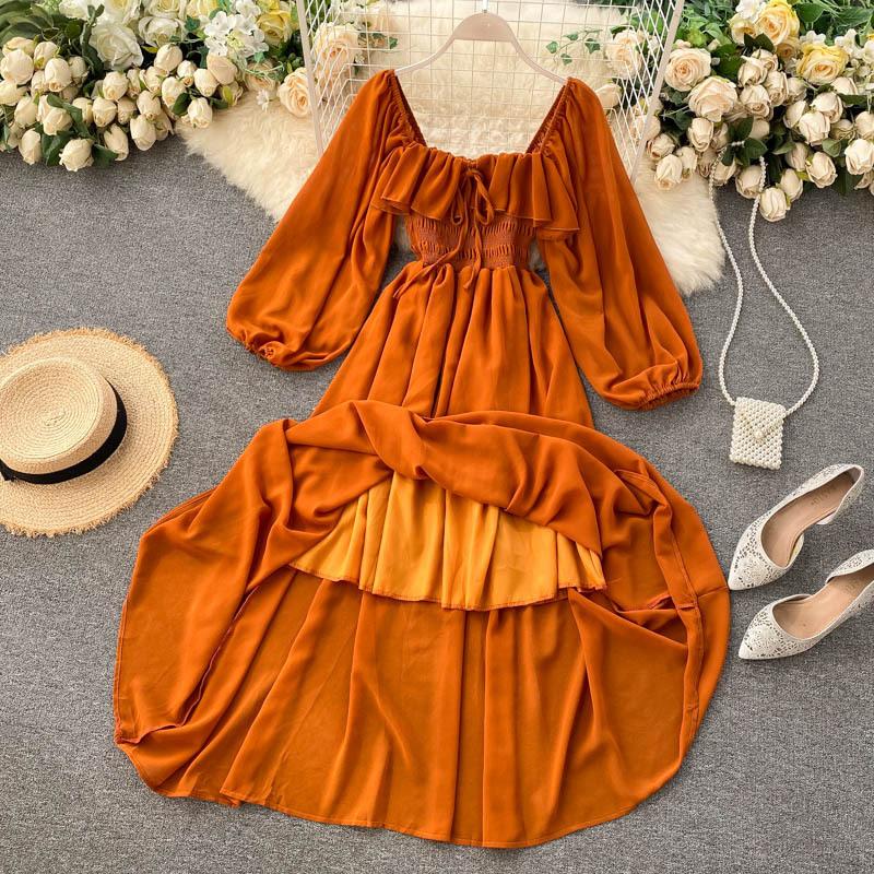 Chic Gentle Wind Dress Autumn Women's French Vintage Square Neck Magenta Bubble Sleeve Dress