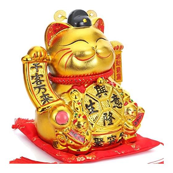 EnergyPower Golden Electric Maneki Neko Ceramic Large Premium Model with Cushion Batteries/USB Gold Gold Maneki Neko Hand-painted Handmade Cute