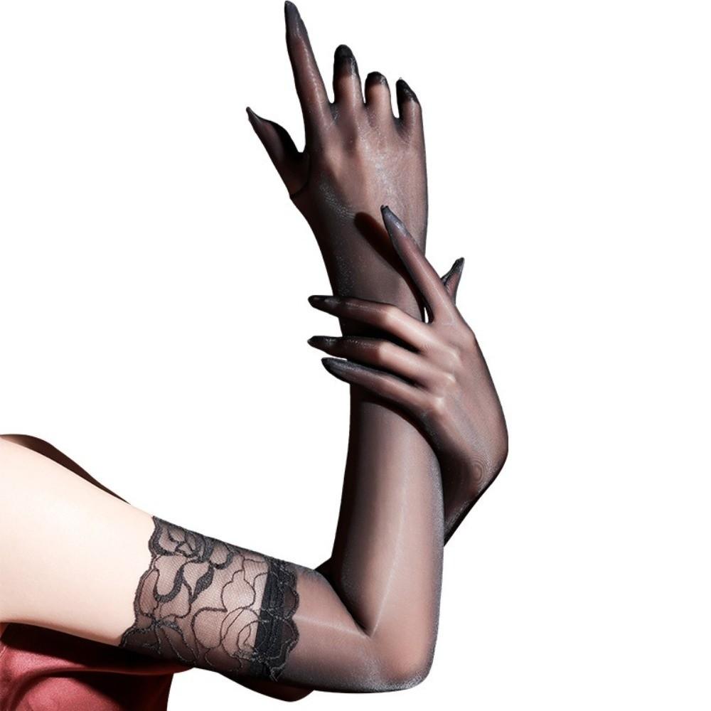 Women Ultra-Thin Five Finger Gloves Oil Smooth Sexy Mittens Tight Lace Cuff Stockings Glove Sheer Nightclub