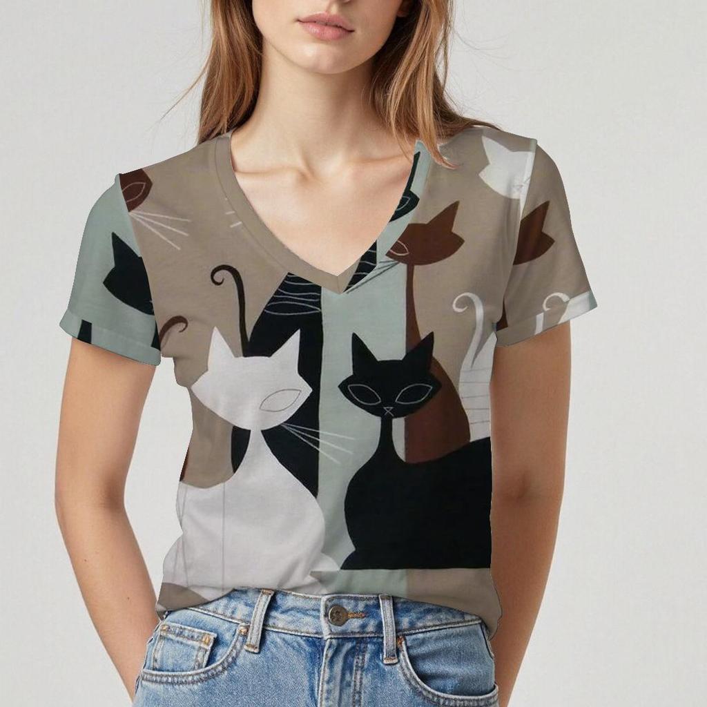 Summer V-neck 3D Cartoon Cat Pattern Printed Top Fashionable Casual Short Sleeved Women's T-shirts
