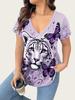 2025 Plus Size Women's V-Neck T-shirt with 3D Animal Print, Short Sleeves: European & American Style Casual Fashion