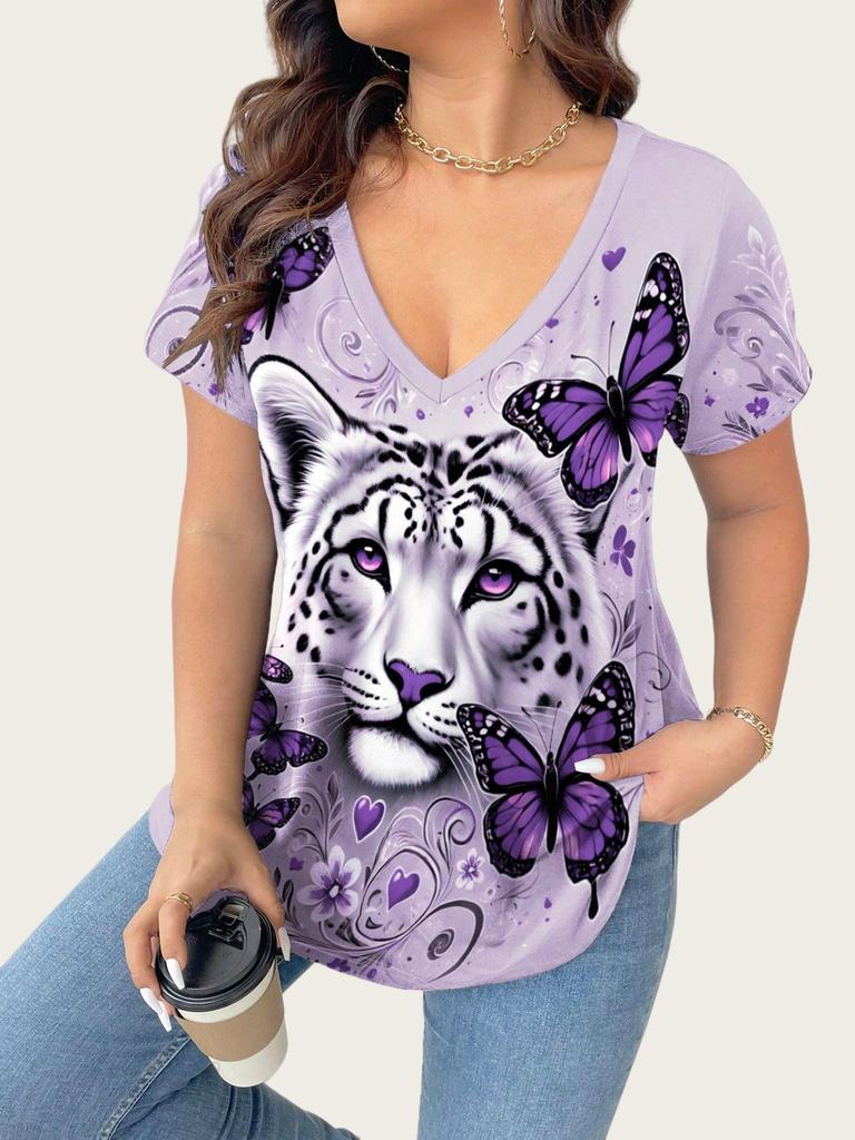 2025 Plus Size Women's V-Neck T-shirt with 3D Animal Print, Short Sleeves: European & American Style Casual Fashion