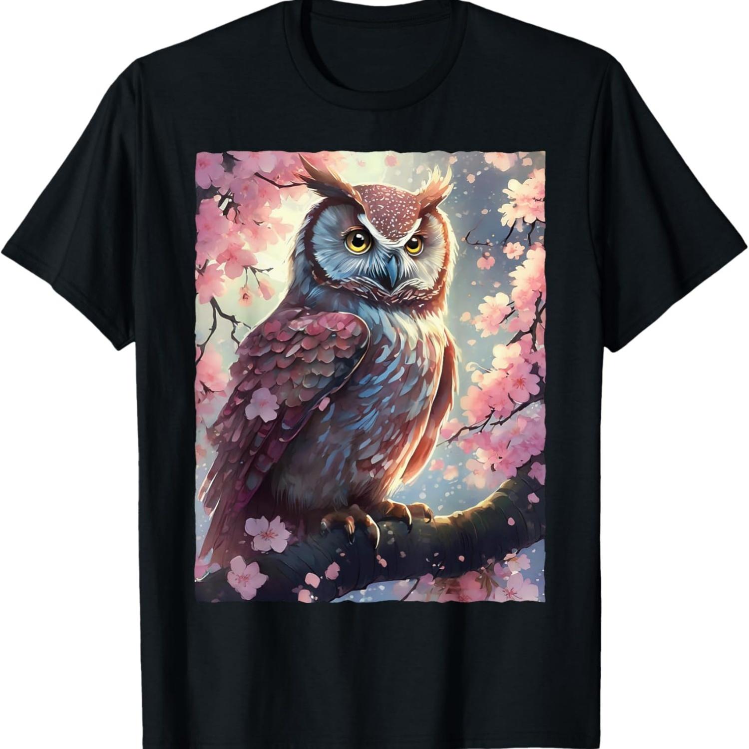 Owl and  Cherry Blossom T-Shirt S чёрный