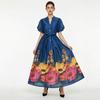 French Vintage Flower Maxi Dress Women Puff Sleeve V-Neck Elegant Floral Print High Waist Sashes A-Line Summer Beach Long Maxi Dresses