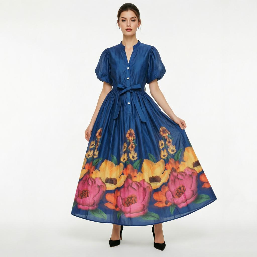 French Vintage Flower Maxi Dress Women Puff Sleeve V-Neck Elegant Floral Print High Waist Sashes A-Line Summer Beach Long Maxi Dresses