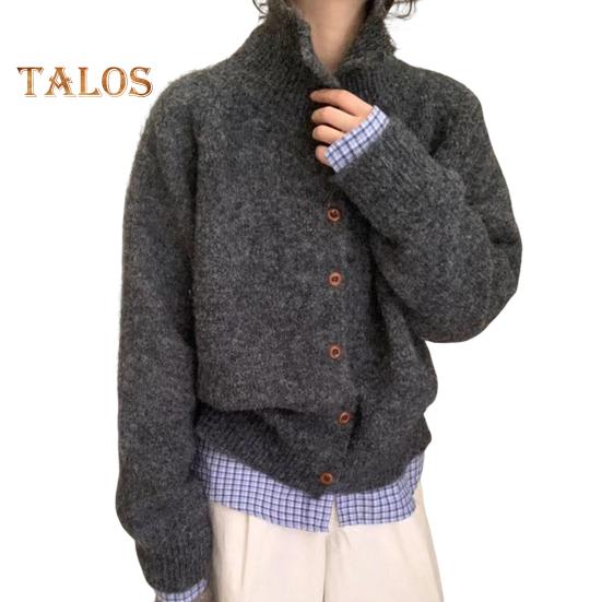 Women Plush Sweater Coat High Collar Long Sleeve Loose Fit Design Knitting Sweater Buttons Closure Knitwear