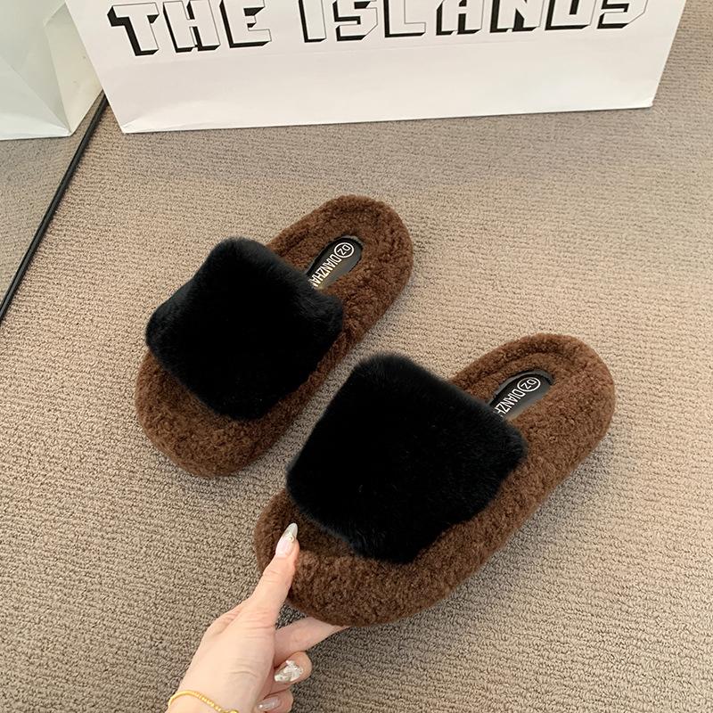 Thick-soled versatile Mao Mao slippers women s autumn and winter new thick-soled cotton tows one-word Mao Mao shoes 40 чёрный 2660₽
