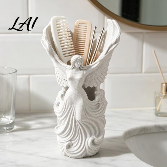Desktop Organizer for Women 3D Printed Angel Wings Vase & Pen Holder Sculpture Office Supplies Storage Decor Multi‑Functional Dry Flower