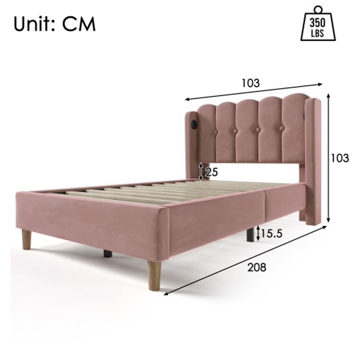 Lit rembourré - MUVOE - 90 x 200 cm - Rose - Chargeur USB Type C - Matelas inclus