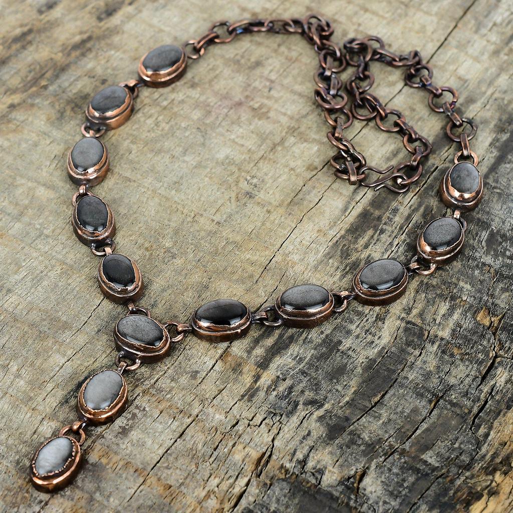 Collier en obsidienne argentée, collier à chaîne ajustable en cuivre électroformé, collier de pierres précieuses, bijoux en cuivre pour cadeaux, collier fait main