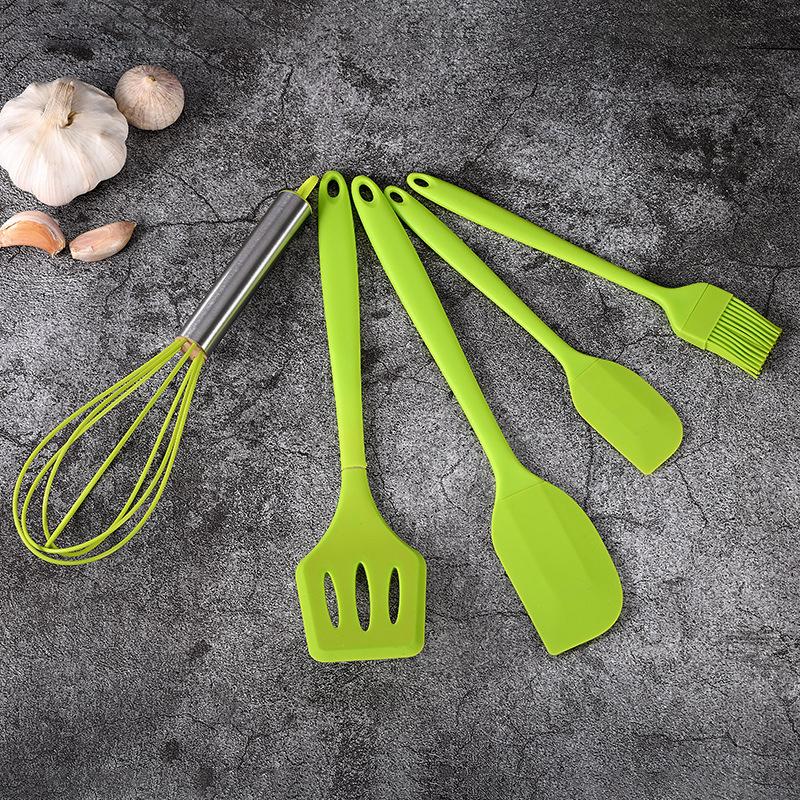 5Pcs Silicone Kitchen Cooking Utensils Set Non-Stick Flexible Kitchen Tools With Cake Spatula Whisk Oil Brush And Cooking Shovel