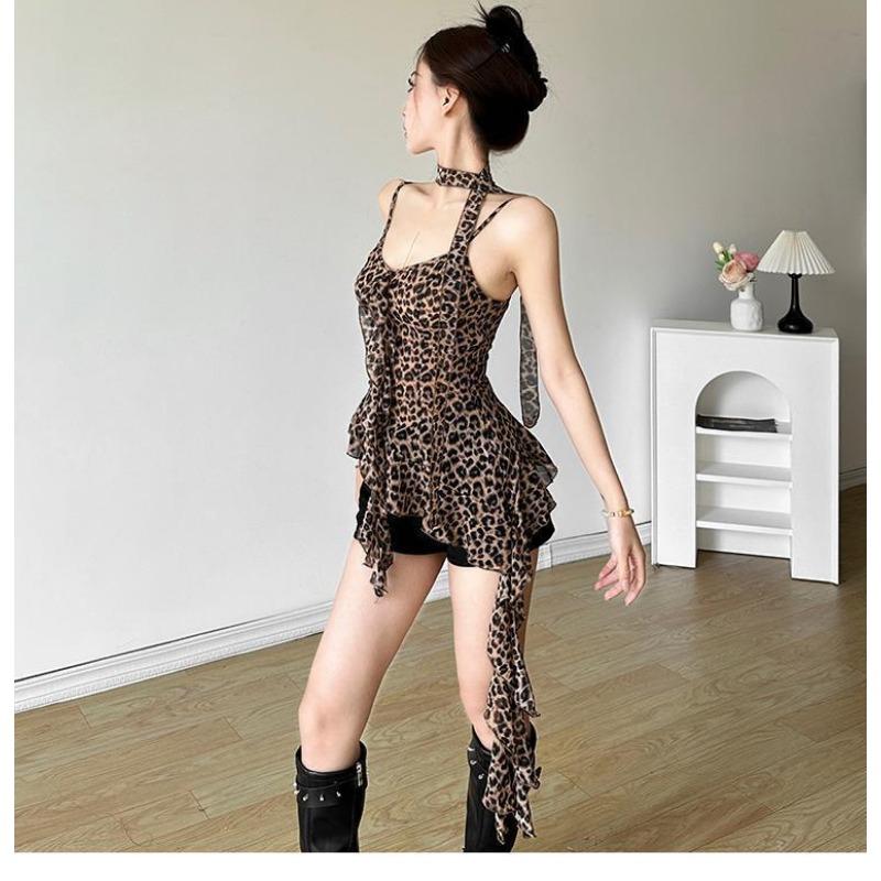 American Vintage Y2k Leopard Print Sexy Dress Women Slim Irregular Design Lace Strap Dress Evening Party Style Summer Fashion