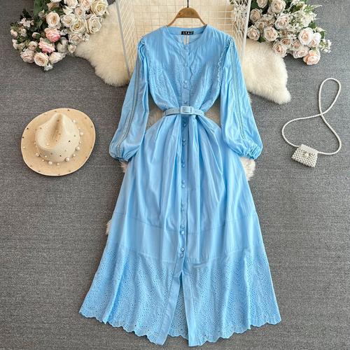 

Однотонное женское шикарное женское платье с пышными рукавами, модное элегантное повседневное вечерние платье с круглым вырезом, офисное женское платье с поясом, темпераментное платье One Size синий