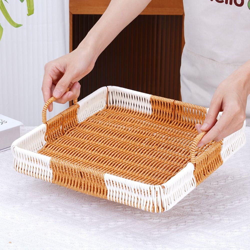 With Handles Woven Serving Tray Washable Imitation Rattan Fruit Plate  Kitchen Storage