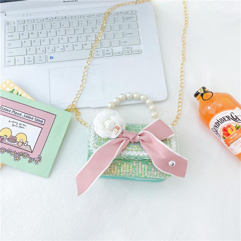 Cute Butterfly Knot Pearl Bag Floral Little Girls Handbag Small Tote Spring Outing Green2