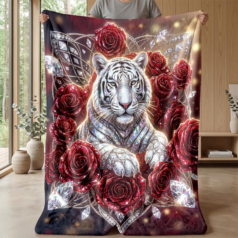 Elegant Tiger Roses Diamonds Theme blanket Lightweight Warm Flannel Blanket Decorative Throw Blanket for Home Decoration