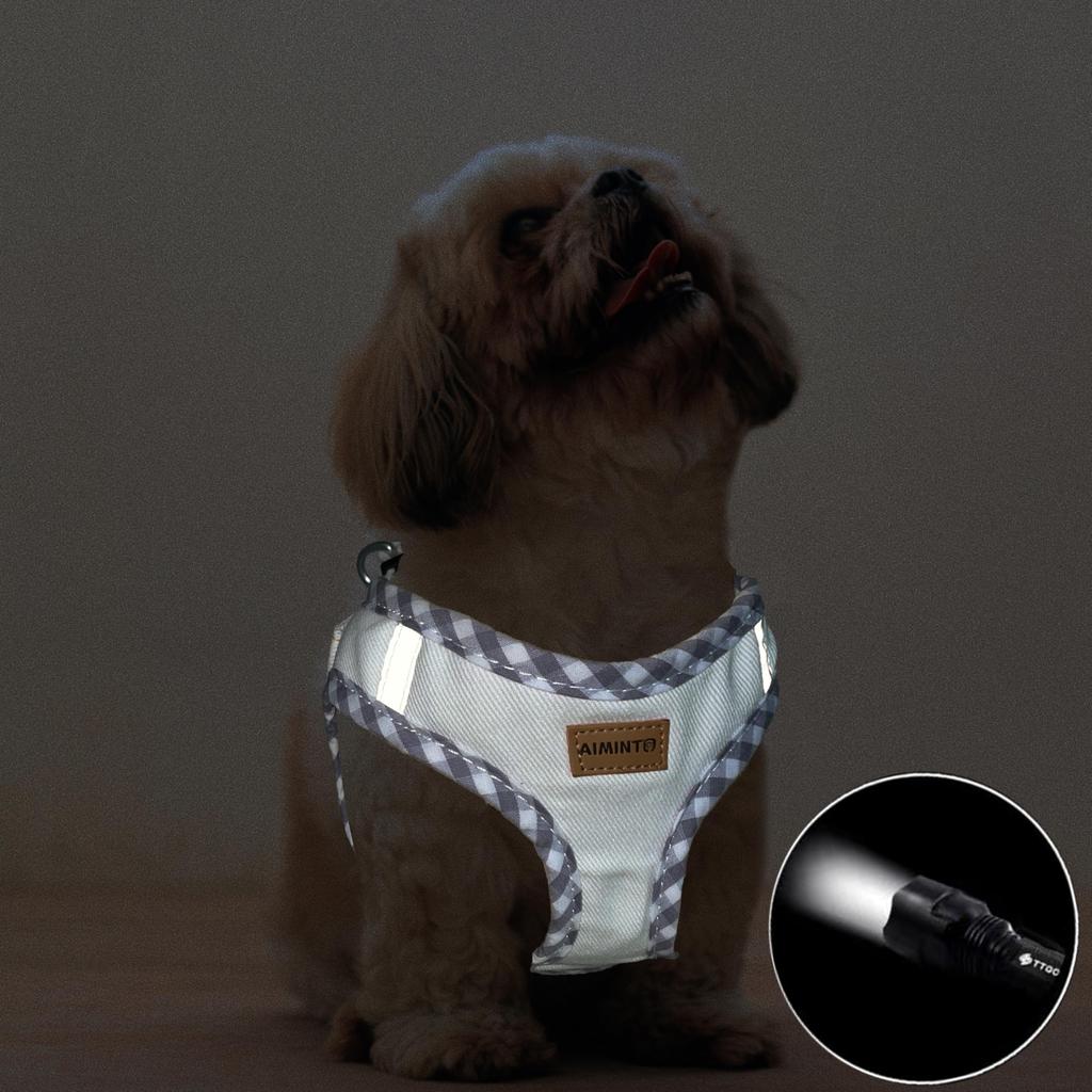 Aiminto Denim Dog Harness Leash Highly Breathable Mesh Reflective Material On Harness Chest For Small Dogs and Leash Set Size Chest Size & Set,