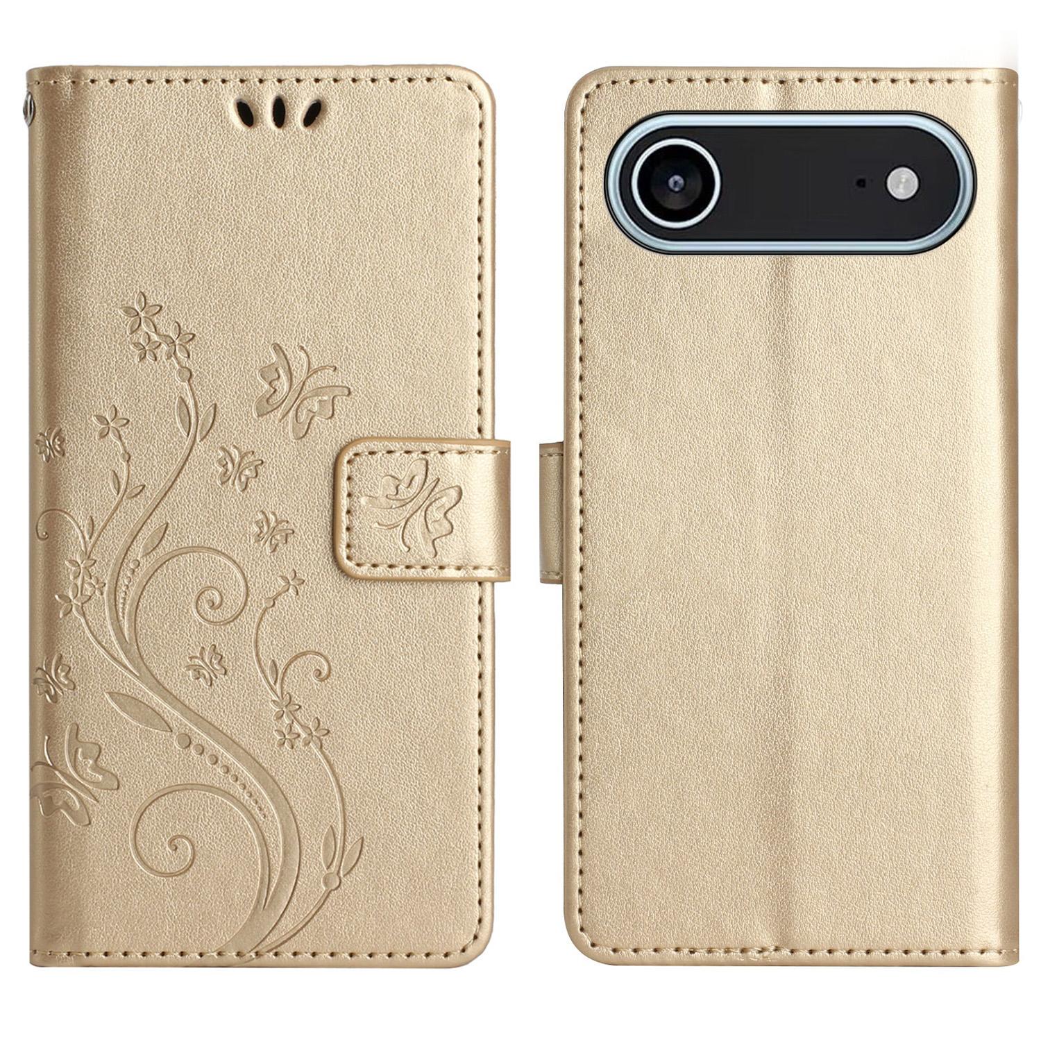 

For iPhone 17 Air Leather Wallet Case Butterfly Flower Imprinted Phone Cover with Strap Gold
