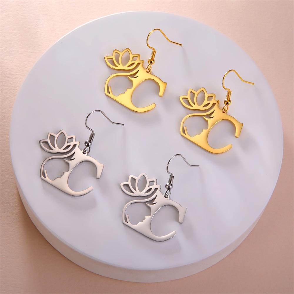 

My Shape Beauty Flower Letter Drop Earrings for Women A-Z Alphabet Initials Lotus Stainless Steel Fashion Jewelry Kids Female Silver