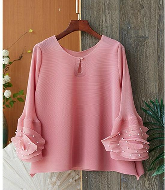 Damen Plissee Oberteil mit ausgestellten Ärmeln und Perlen-Rundhalsausschnitt